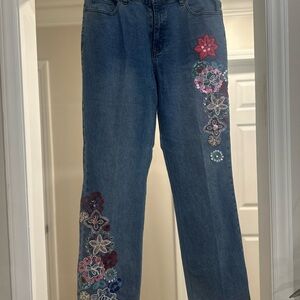 DG2 by Diane Gilman Straight Leg Jeans in Blue and Red with Floral Embroidery